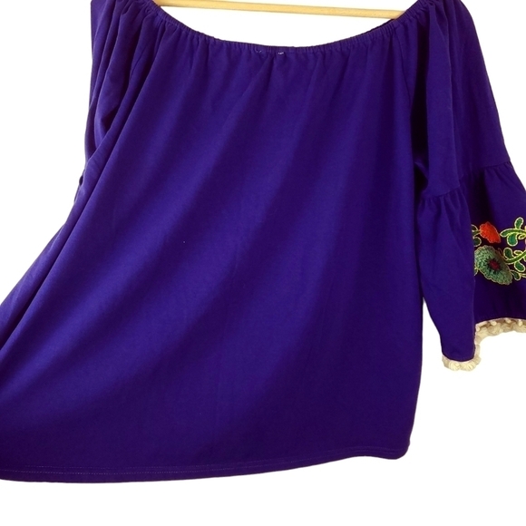 UMGEE M Boho Peasant Top Tassels Flower Stitched Embroidery Blue Bell Sleeves - Picture 5 of 11